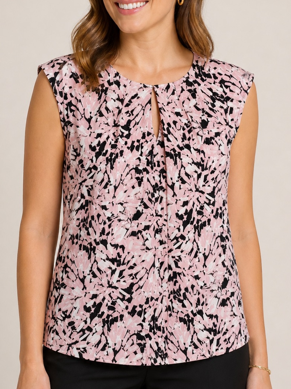 Kasper Pink Black Abstract Print Sleeveless Blouse Petite Medium MP Keyhole Top